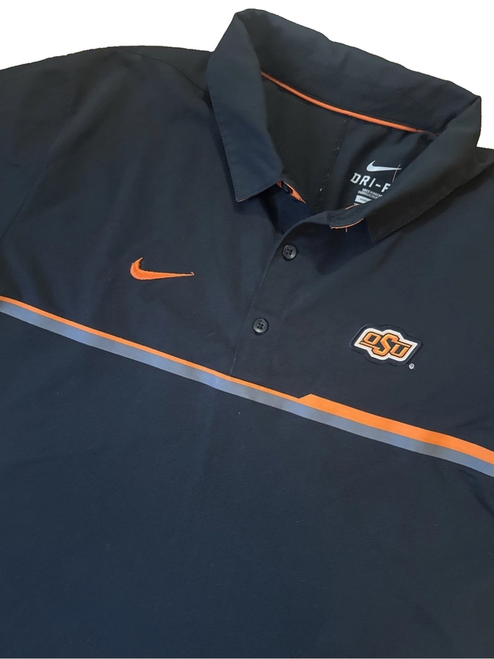 Oklahoma State Cowboys OSU Nike Polo Shirt Large Black Orange Drifit Short Sleev